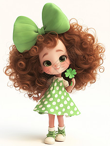穿着绿色波点连衣裙头上戴着大大的绿色蝴蝶结的可爱卡通小女孩图片