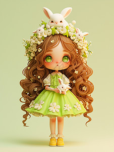 身穿绿色连衣裙身上有很多小白兔的可爱卡通小女孩图片