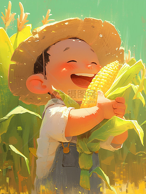 在玉米地中开心丰收的卡通农民图片
