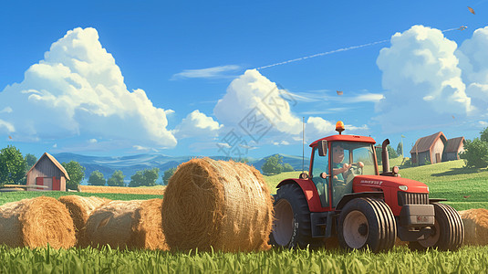 白云下一个卡通拖拉机在田地间图片