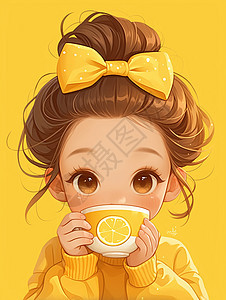 喝柠檬茶头戴蝴蝶结发卡的卡通小女孩图片
