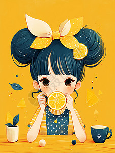 吃柠檬扎丸子头可爱的小女孩图片