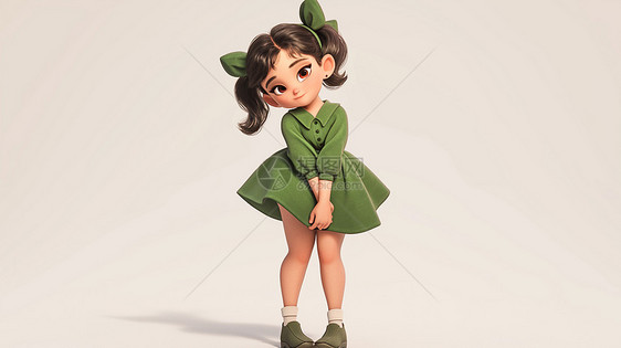 穿着绿色连衣裙头上戴着绿色蝴蝶结的可爱卡通小女孩图片