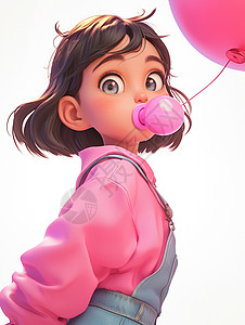 吹泡泡糖手拿气球的卡通小女孩图片