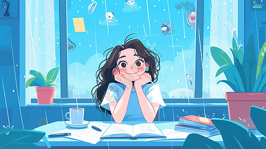 夜晚坐在书桌前安静的赏雨的卡通小女孩图片