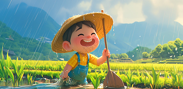 雨中在田地里忙碌的卡通农民高清图片