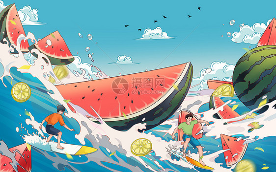 二十西节气立夏夏天海海浪冲浪西瓜柠檬图片