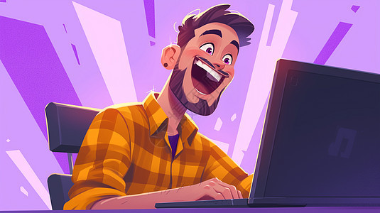 穿着衬衫坐在电脑前开心工作的卡通程序员图片