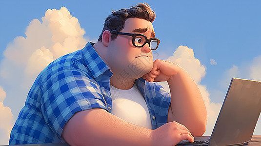 穿着蓝色格子衫坐在电脑前胖乎乎的卡通男人图片