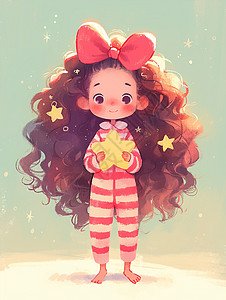穿着红色条纹睡衣手捧着星星的可爱卡通小女孩图片