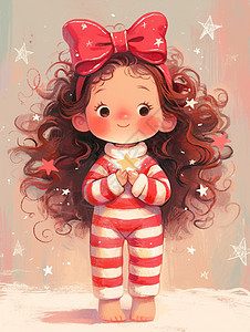 穿着红色条纹睡衣手捧着星星的可爱卡通女孩图片