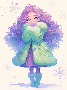 紫色长卷发穿着绿色大衣的可爱卡通小女孩图片