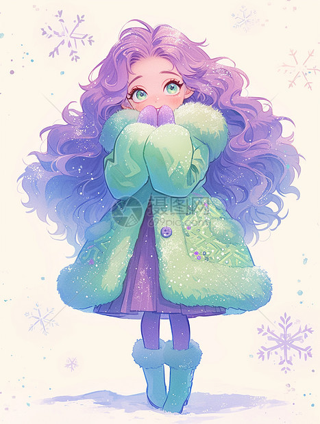 紫色长卷发穿着绿色大衣的可爱卡通小女孩图片