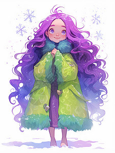 紫色长卷发穿着绿色大衣的可爱卡通女孩图片