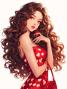 身穿红色时尚桃心连衣裙卷发时尚的卡通女人图片