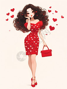 红色橱柜身穿红色时尚桃心连衣裙卷发的卡通女人插画