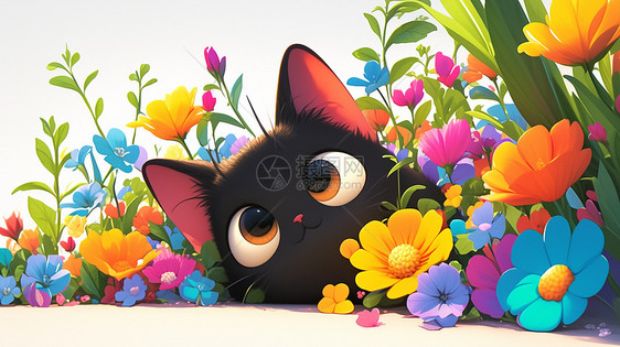 躲在花丛中一只黑色可爱的卡通小黑猫图片