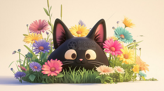 在花丛中一只黑色的卡通小黑猫图片