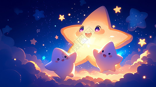 夜晚云朵上发光的可爱卡通小星星图片