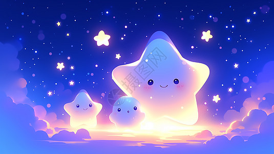 夜晚云朵上的可爱卡通小星星图片