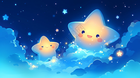 云朵上发光的可爱卡通星星图片