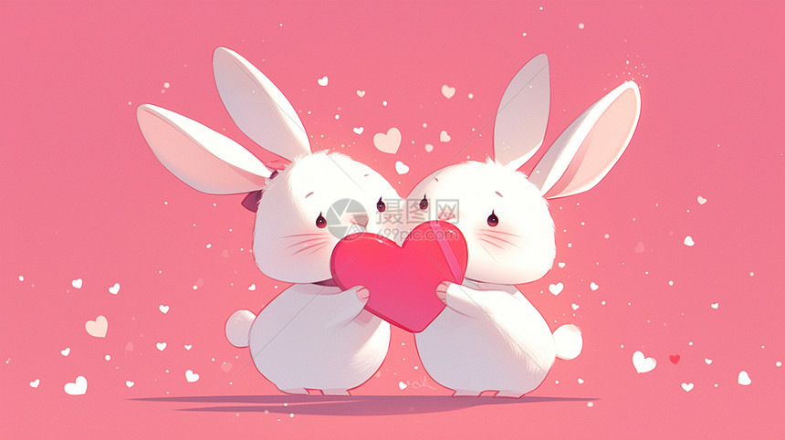 两只可爱的卡通小白兔抱着红色爱心图片