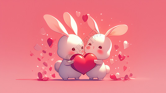 小白兔狸藻两只卡通小白兔抱着红色爱心插画