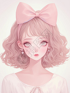 头上戴着粉色蝴蝶结的卷发可爱卡通女孩图片