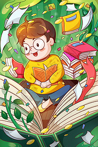 世界阅读日书本上读书的小男孩和书籍插画图片
