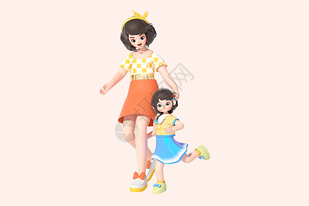 立体箭头c4d立体母亲节母女互动一起走路3d插画插画