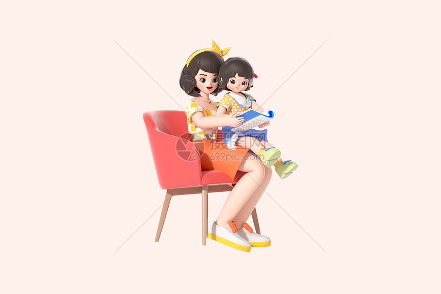 c4d立体母亲节母女互动看书3d插画图片