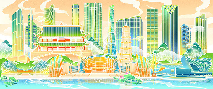 国潮风福建福州地标古建筑现代大厦场景插画图片
