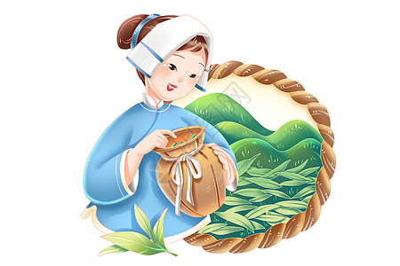 咖啡厅装饰采茶人物春季茶文化茶山装饰组合插画