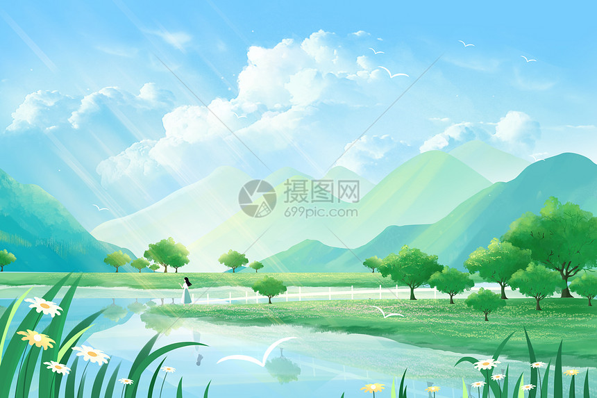 夏天立夏出游踏青露营看风景插画图片