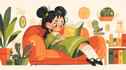可爱的卡通小女孩在沙发上认真看书图片