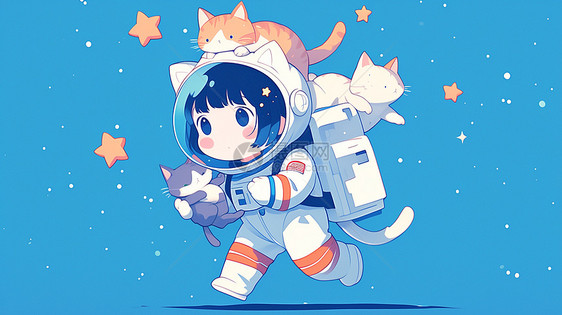 穿着太空服的女孩与宠物猫图片