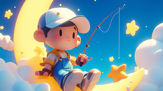 坐在月牙上戴着棒球帽拿着钓鱼竿钓星星的可爱男孩图片