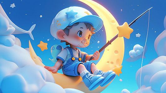 坐在月牙上戴着棒球帽拿着星星杆的可爱卡通小男孩图片