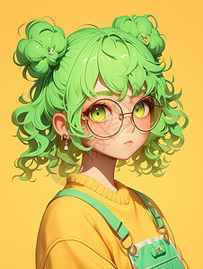 绿色头发的卡通女孩扎两个丸子头图片