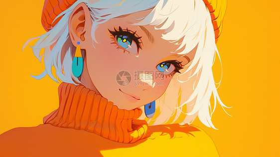 穿着橙色毛衣的白色短发女孩戴着蓝色耳饰图片