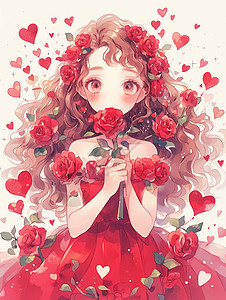 红色裙子手捧着红玫瑰的卡通小女孩图片