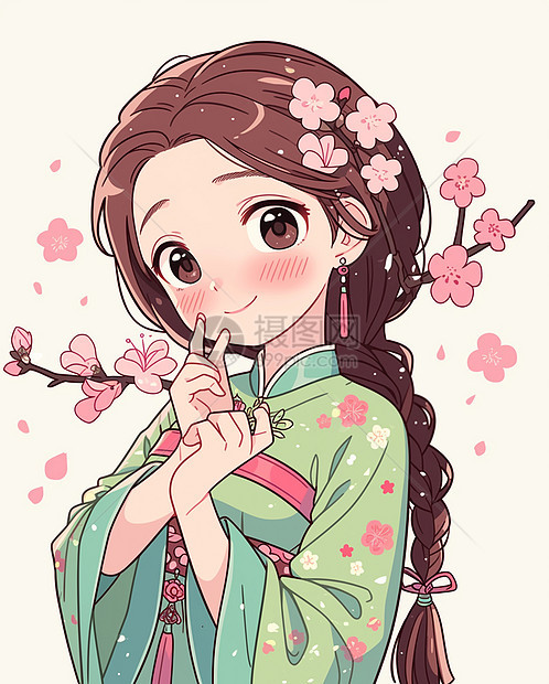 春天穿着绿色汉服头上戴着花朵女孩图片