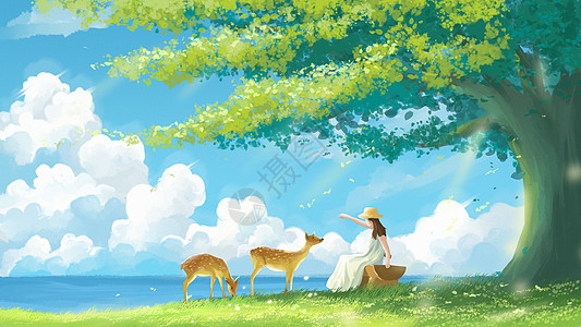 天空草地手绘治愈树下的少女与鹿插画插画