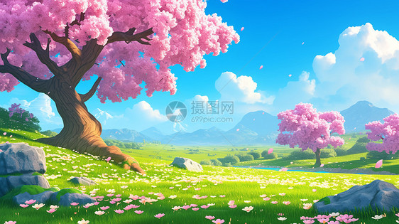 一棵高大盛开的粉色卡通桃花树图片