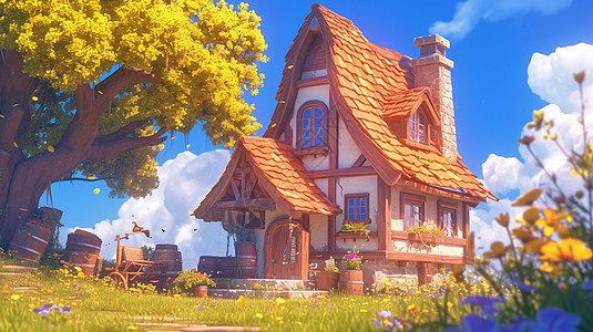 春天在草地上一座橙黄色屋顶可爱的房屋背景图片