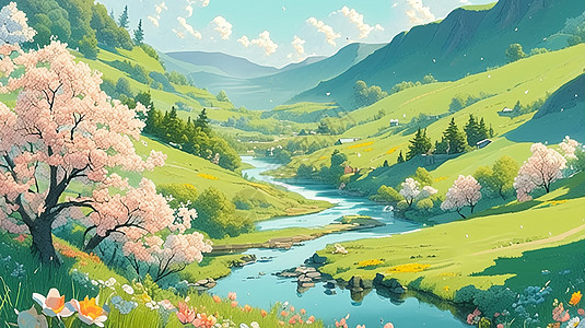 春天唯美的高山中流淌的小溪风景秀丽的卡通风景高清图片