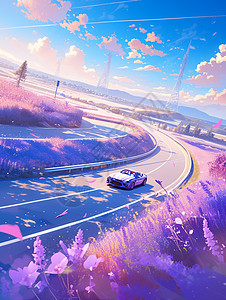 开满紫色花朵的山中一条蜿蜒的小路上行驶着一辆卡通小汽车图片