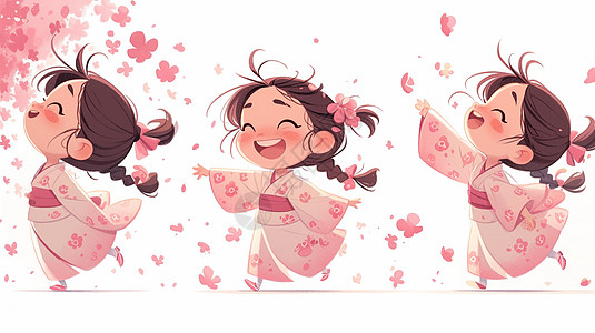 可爱卡通小女孩抱着花束在草地上开心奔跑图片
