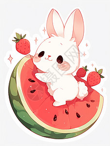 小白兔狸藻坐在西瓜上的卡通小白兔插画