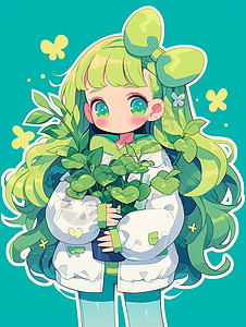 头上戴着绿色蝴蝶结的卡通小女孩抱着盆栽绿植图片